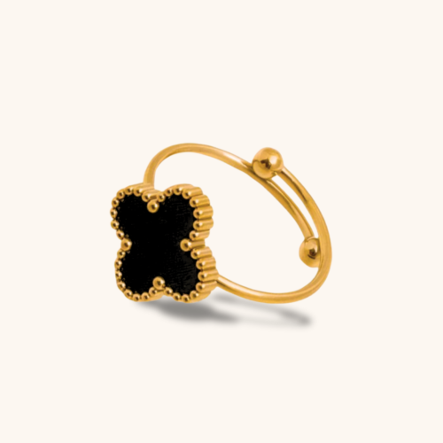 Midnight Bloom Black Clover 18K Gold-Plated Adjustable Ring